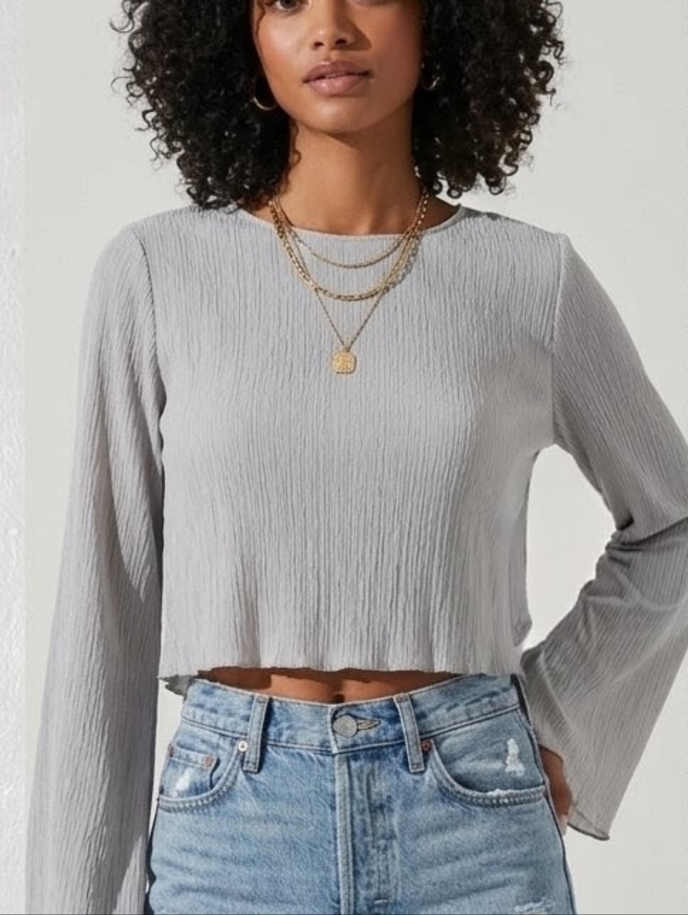 ASTR the Label | Grey Plissé Bell Sleeve Crop Top - NWT